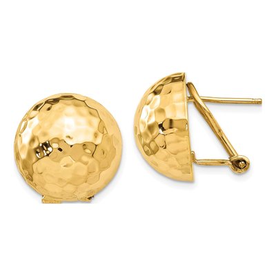 14K Yellow Gold Hammered Half Ball Omega Stud Earrings