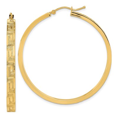 14K Yellow Gold 47mm Textured Greek Pattern Hoop Earrings