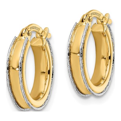 14K Two-Tone Gold 15mm Diamond-Cut Round Hoop Earrings – view 3