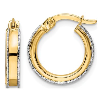 14K Two-Tone Gold 15mm Diamond-Cut Round Hoop Earrings