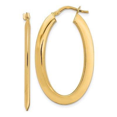 14K Yellow Gold Oval Knife-Edge Hoop Earrings