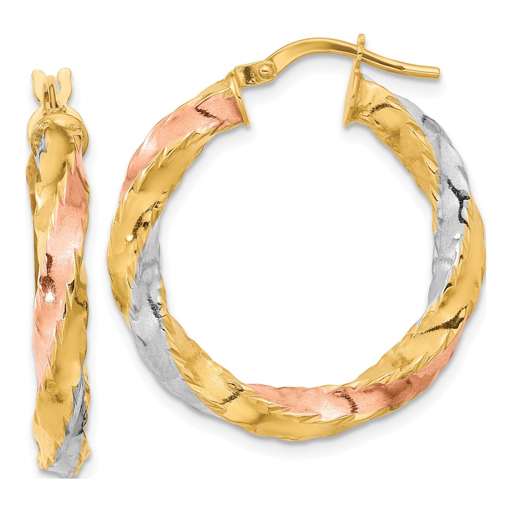 14K Gold Twisted Hoop Earrings with Rhodium