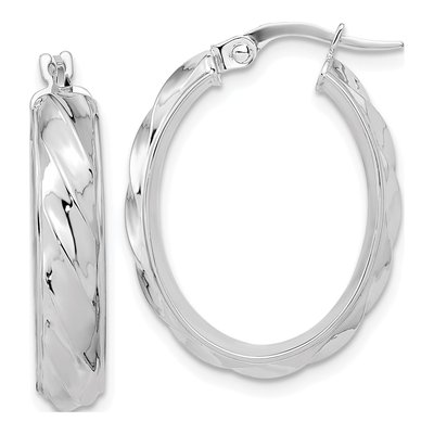 14K White Gold Twisted Oval Hoop Earrings