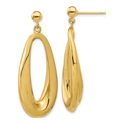 14K Yellow Gold Hollow Wavy Oval Dangle Earrings