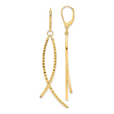 14K Yellow Gold Diamond-Cut Curved Bar Leverback Earrings