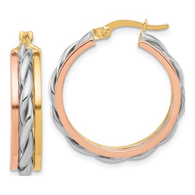 14K Tri-Color Gold Textured Hoop Earrings