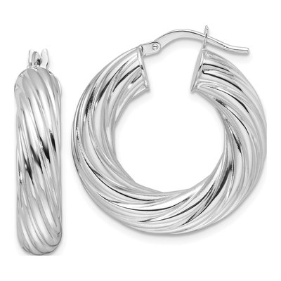 14K White Gold 27mm Twisted Hollow Round Hoop Earrings