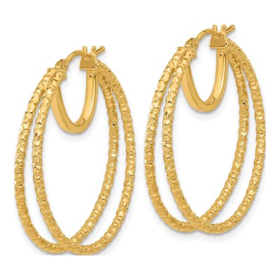 14K Yellow Gold 30mm Textured Double Circle Hoop Earrings – view 2