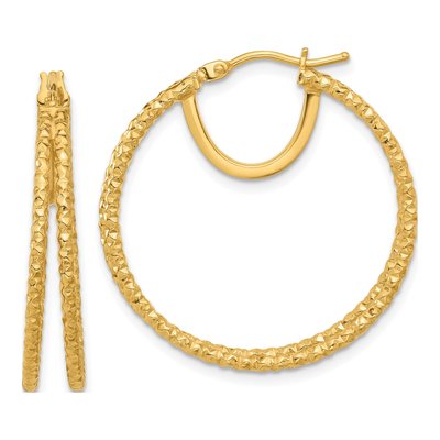 14K Yellow Gold 30mm Textured Double Circle Hoop Earrings