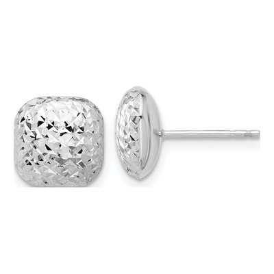 14K White Gold Diamond-Cut Puffed Button Stud Earrings