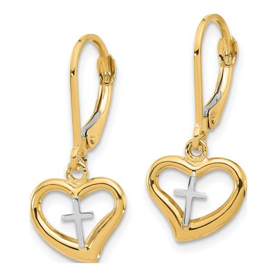 14K Two-Tone Gold Cross Heart Leverback Earrings – view 2