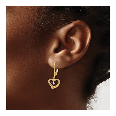 14K Two-Tone Gold Cross Heart Leverback Earrings – view 3