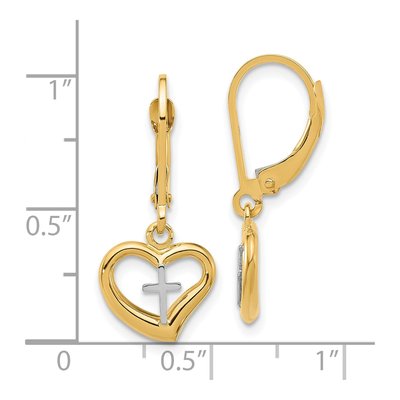 14K Two-Tone Gold Cross Heart Leverback Earrings – view 4