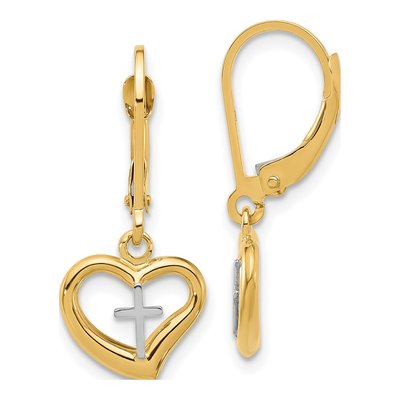 14K Two-Tone Gold Cross Heart Leverback Earrings