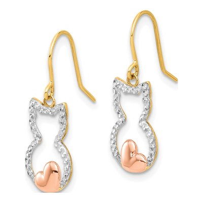 14K Yellow Gold Diamond-Cut Cat Outline Dangle Earrings – view 2