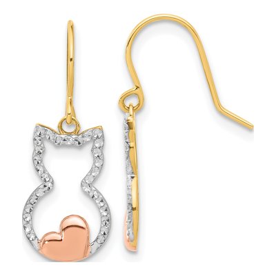 14K Yellow Gold Diamond-Cut Cat Outline Dangle Earrings