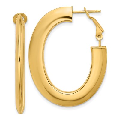 14K Yellow Gold Knife Edge Oval Omega Back Hoop Earrings