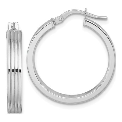 14K White Gold 24mm Grooved Tube Hoop Earrings