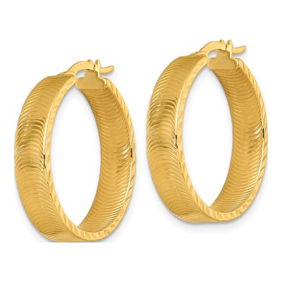 14K Yellow Gold Diamond-Cut Textured Hoop Earrings – view 3