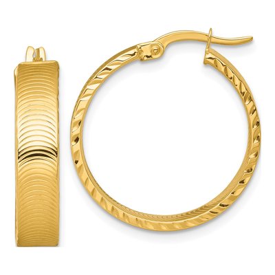 14K Yellow Gold Diamond-Cut Textured Hoop Earrings