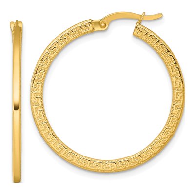 14K Yellow Gold 30mm Greek Key Hoop Earrings