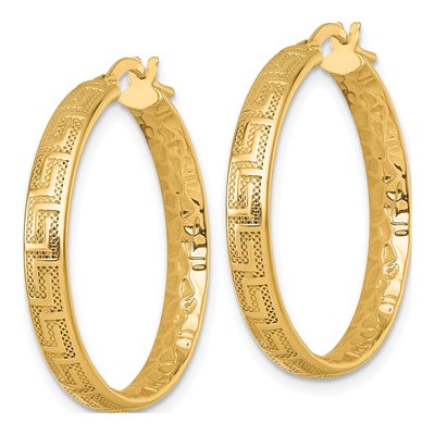 14K Yellow Gold 28mm Greek Key Textured Tube Huggie Hoop Earrings – view 3