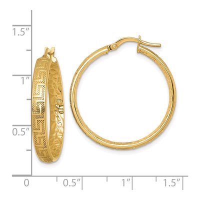 14K Yellow Gold 28mm Greek Key Textured Tube Huggie Hoop Earrings – view 4