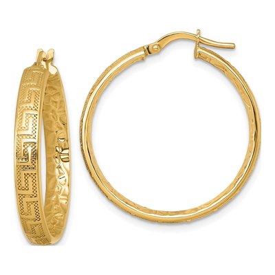 14K Yellow Gold 28mm Greek Key Textured Tube Huggie Hoop Earrings