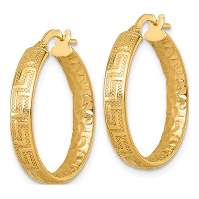 14K Yellow Gold 24mm Greek Key Textured Huggie Hoop Earrings – view 3