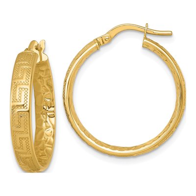 14K Yellow Gold 24mm Greek Key Textured Huggie Hoop Earrings