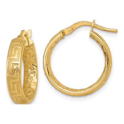 14K Yellow Gold 19mm Greek Key Tube Huggie Hoop Earrings