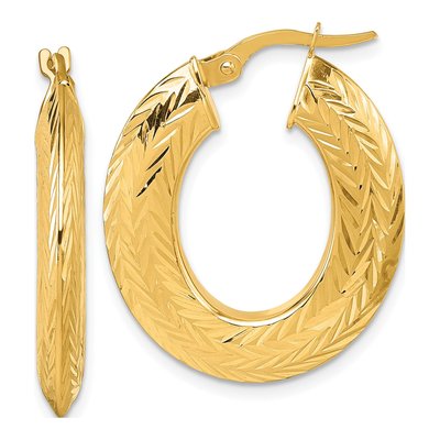 14K Yellow Gold 27mm Diamond-Cut Oval Hoop Earrings