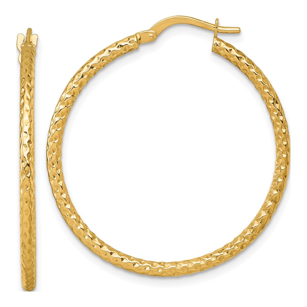 14K Polished Diamond-Cut Textured 2.00 X 32mm Tube Hoop Earrings