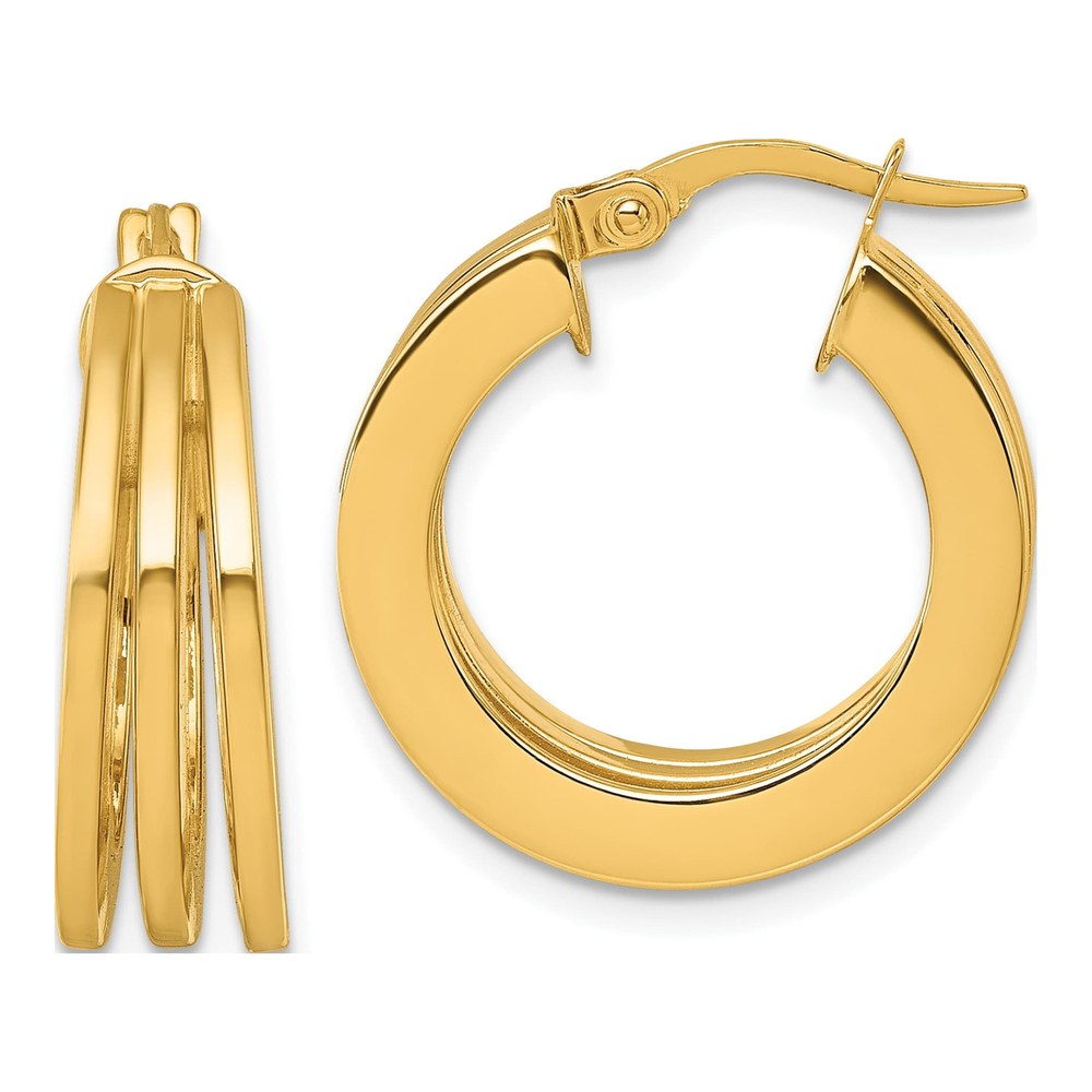 14K Yellow Gold Polished Triple Row 6.6mm X 20mm Square Tube Round Hoop Earrings