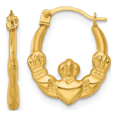14K Yellow Gold Claddagh Hollow Hoop Earrings