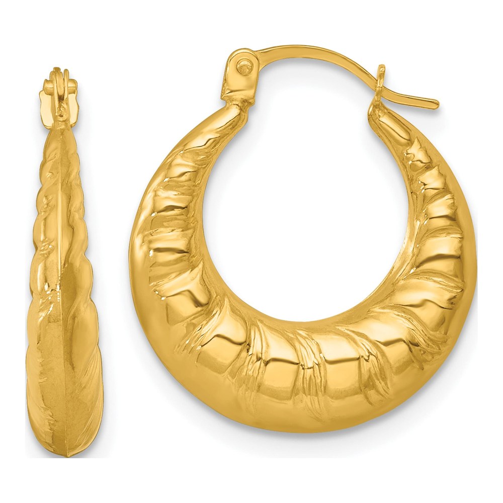 14K Polished And Textured Scalloped Hollow Hoop Earrings