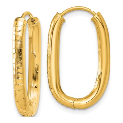 14K Yellow Gold 25mm Textured Oval Huggie Hoop Earrings
