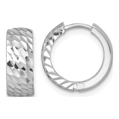 14K White Gold 15mm Diamond-Cut Huggie Hoop Earrings