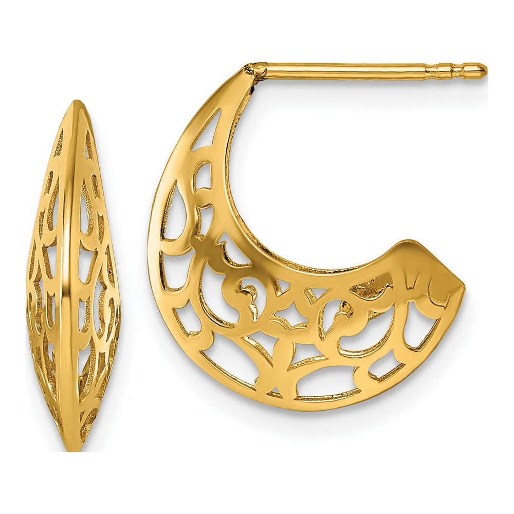 14K Polished Fancy Cut Out Design Post J-Hoop Earrings