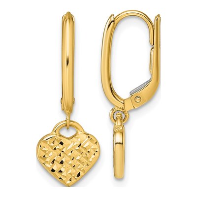 14K Yellow Gold Diamond-Cut Heart Leverback Earrings