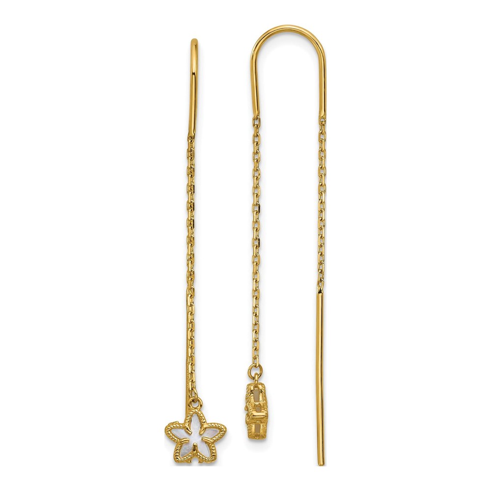 14K Yellow Gold Polished Mother Of Pearl Flower Cable Chain Threader Earrings