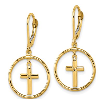 14K Yellow Gold Cross Circle Leverback Earrings – view 3