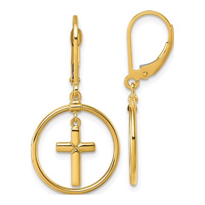14K Yellow Gold Cross Circle Leverback Earrings