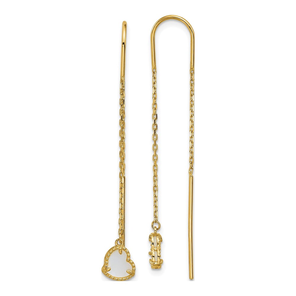 14K Yellow Gold Polished Mother Of Pearl Heart Cable Chain Threader Earrings