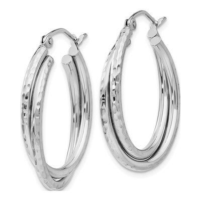 14K White Gold 17mm Diamond-Cut Oval Hoop Earrings – view 3