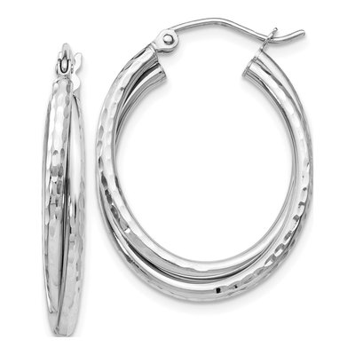14K White Gold 17mm Diamond-Cut Oval Hoop Earrings