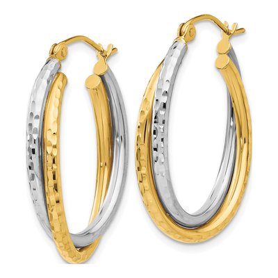 14K Two-Tone Gold Diamond-Cut Oval Hoop Earrings – view 3