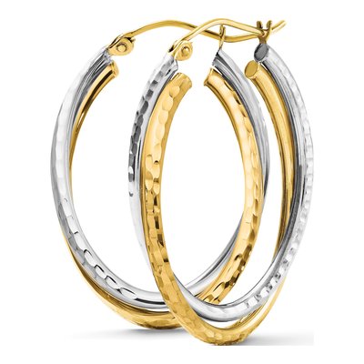 14K Two-Tone Gold Diamond-Cut Oval Hoop Earrings – view 6