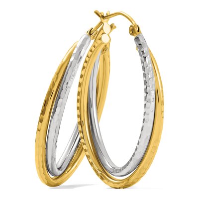 14K Two-Tone Gold Diamond-Cut Oval Hoop Earrings – view 7