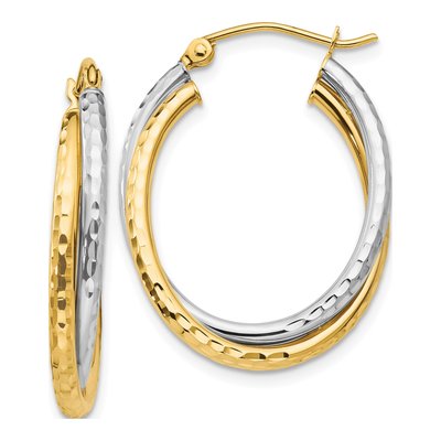 14K Two-Tone Gold Diamond-Cut Oval Hoop Earrings